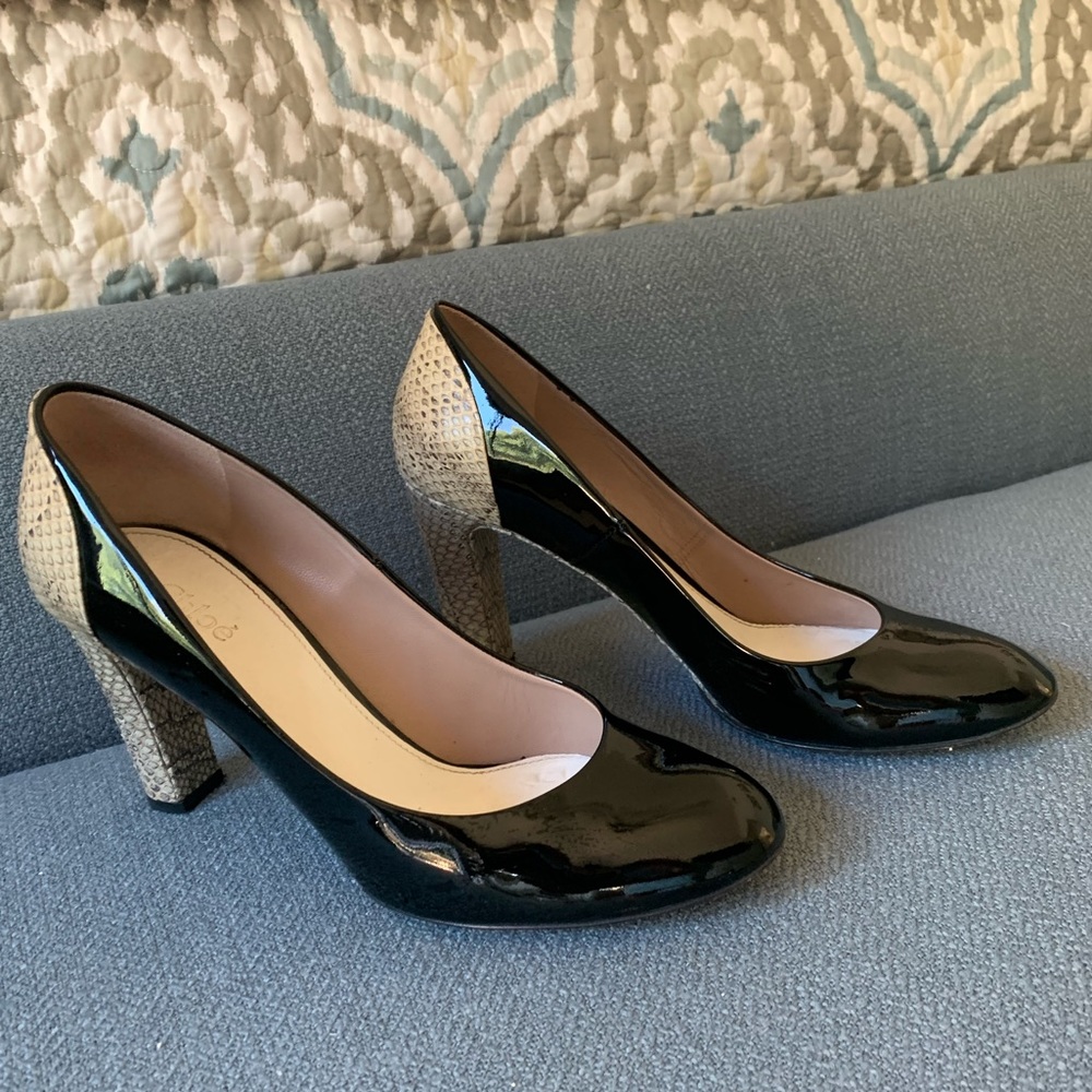 Chloe black patent and snakeskin heels.